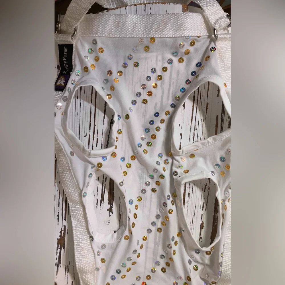 White with Silver and Gold Sequins Puppy Purse and Harness. X-Large